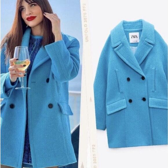 Zara Jackets & Blazers - ZARA Oversized Double Breasted Coat Turquoise NEW with Tags Size Medium Blogger